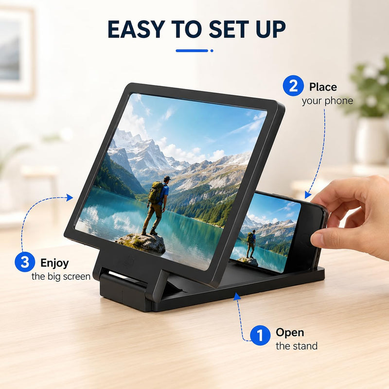 12 Inch Phone Screen Magnifier HD 3D Amplifier to Reduce Eye Strain for Movies Videos Foldable Phone Stand Screen Expander Gift for Seniors Kids No Battery 1PC
