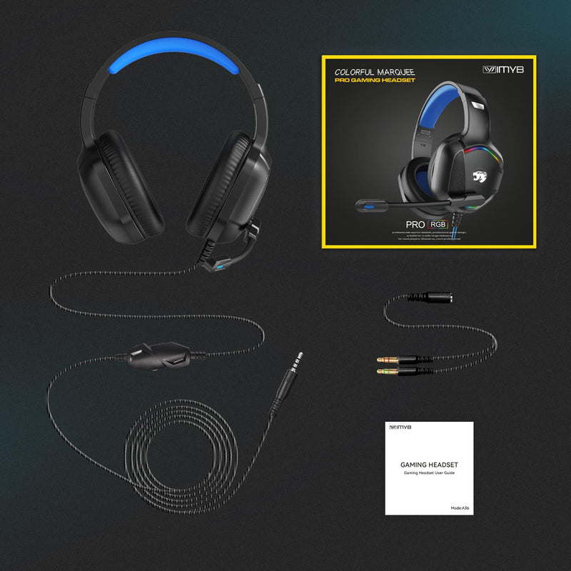 A36 Gaming Headset with Microphone for Pc, Xbox One Series X/s, Ps4, Ps5, Switch, Stereo Wired Noise Cancelling Over-Ear Headphones with Mic for Computer, Laptop, Mac, Nintendo, Gamer (Blue) Blue