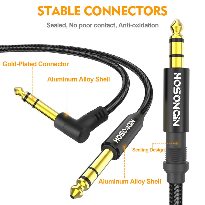 HOSONGIN 1/4 Inch TRS Instrument Cable 3.3 feet 2-Pack, Straight-to-Right Angle 6.35mm Male Stereo Audio Cord, Balanced Interconnect Line for Electric Guitar, Bass, Keyboard, Mixer, Amplifier, Speaker 1/4" TRS Stereo Cable