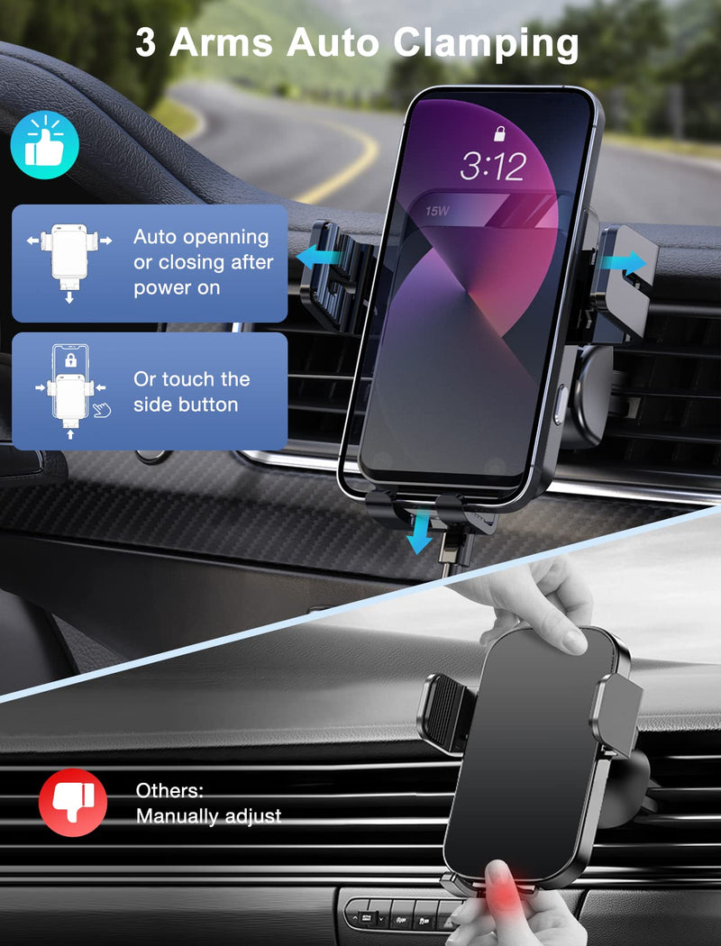 Wireless Car Charger, MOKPR Auto-Clamping Car Mount 15W/10W/7.5W Fast Charging Air Vent Car Phone Mount Compatible with iPhone 15/14/13/13 Pro/12 Pro Max/12 pro/12/11/10 Series, Samsung Galaxy Series Black