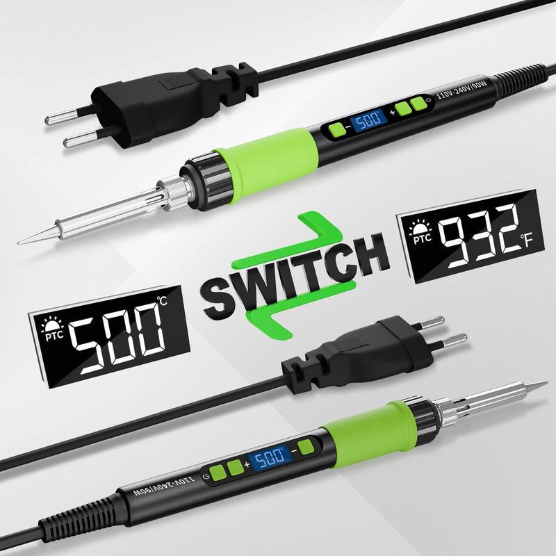 YEEHONEC Professional Soldering Iron Set, 90 W LCD Automatic Sleep Mode, Adjustable Temperature 180-500 °C with 50 g Solder, 5 Soldering Tips, Desoldering Pump, Soldering Iron Stand, Tweezers