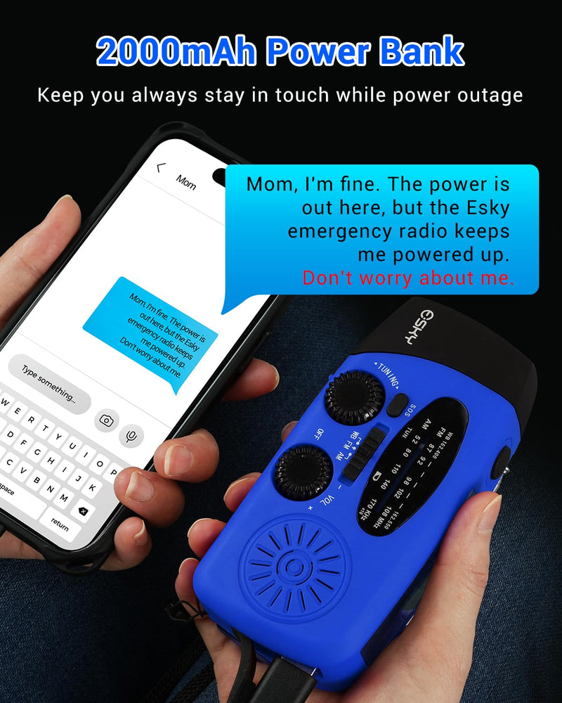 Esky Emergency Hand Crank Radio with 3 LED Flashlight, AM/FM/NOAA Portable Weather Radio with 2000mAh Power Bank Phone Charger, Solar Powered USB Rechargeable Radio for Indoor Outdoor Camping, Blue