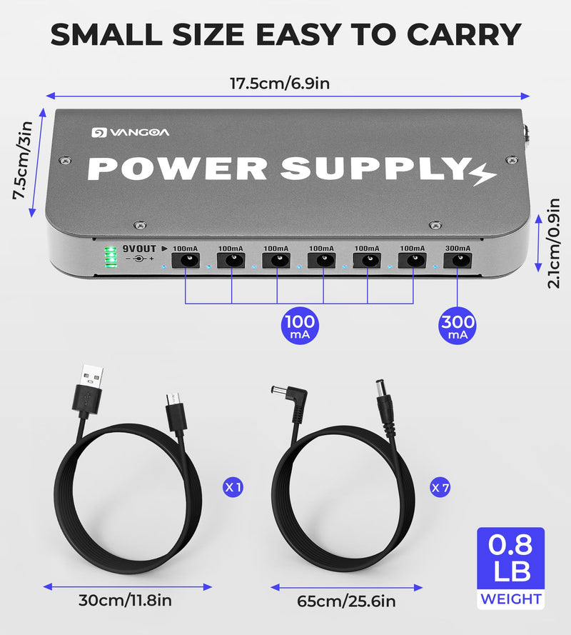 Guitar Pedal Power Supply Vangoa Built-in 3.7V/4600mAh Rechargeable Battery with Battery Indicator 7 Outputs(100mA,300mA) with USB Port Portable 9V Power Supply for Guitar Bass Effect Pedal Board