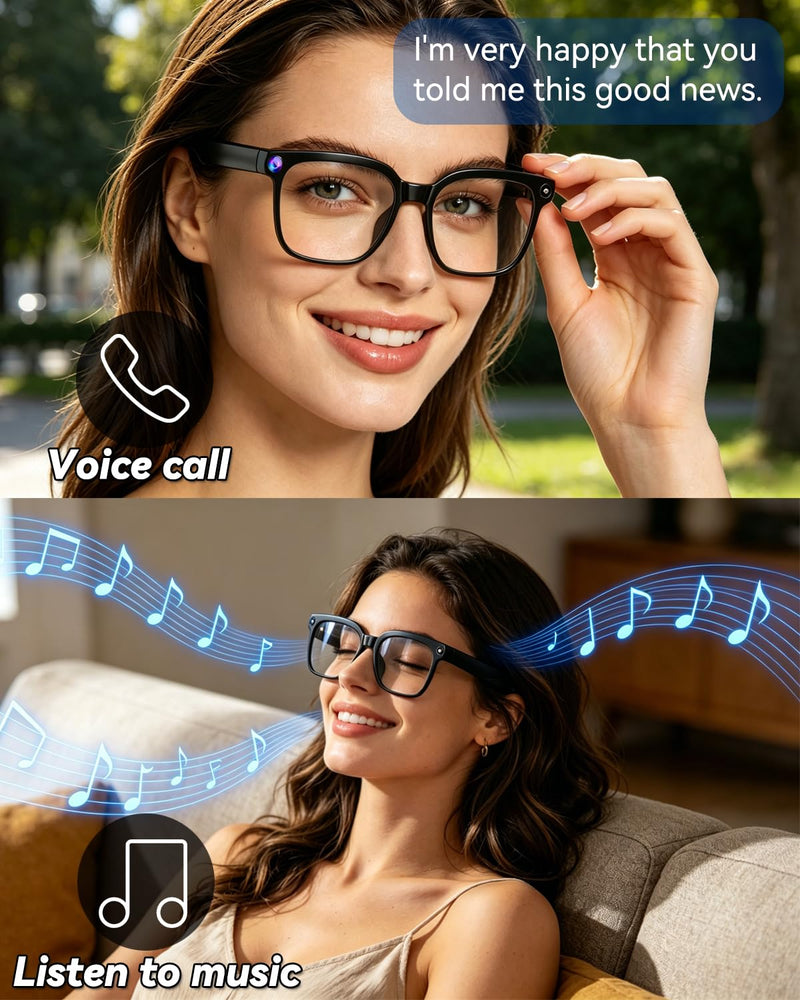 Smart Glasses with Camera, 8MP Anti-Shake Photochromic Smart Glasses | 1200P HD Video, Real Time Translation, AI Voice Assistant, Open Earbuds, Travel, Work Black