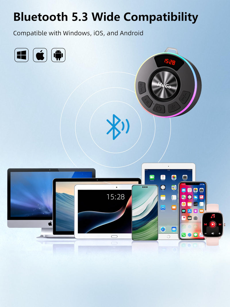 [AUSTRALIA] - MuGo Shower Bluetooth Speaker Waterproof IPX7, 360° HD Stereo Sound Bathroom Speaker Bluetooth 5.3 with RGB Lights, Suction Cup and Microphone, Mini Shower Radio for Home/Party/Outdoor Blue 