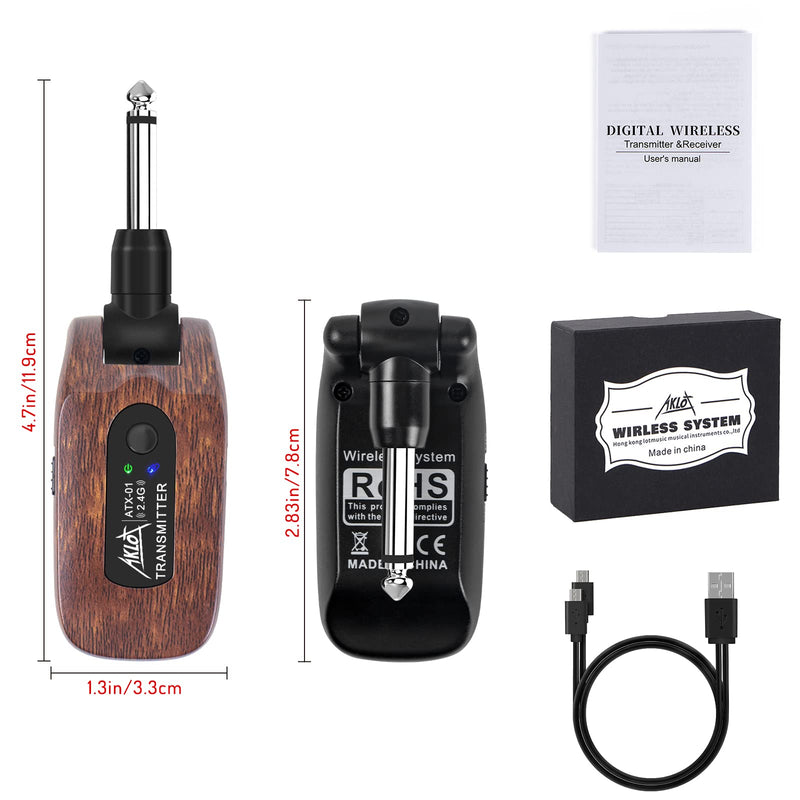 AKLOT Wireless Guitar System Transmitter Receiver Set 2.4GHz Built-in Rechargeable Lithium Battery Digital for Electric Guitar Bass Dark Brown