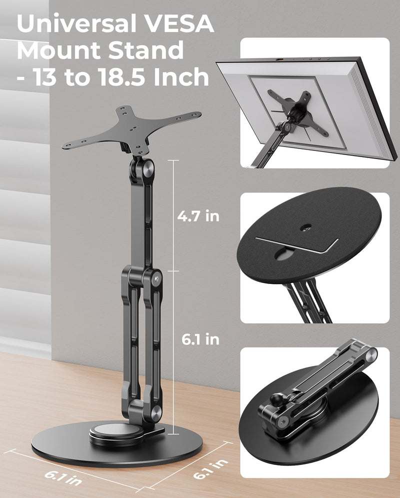 Portable VESA Monitor Stand for 15.6 Inch Monitors, Aluminum Portable Screen Mount for Desk with 360°Rotation Bases, Adjustable Secondary Travel Monitor Stand Compatible with 15.6/16/18.5 Inch - Black