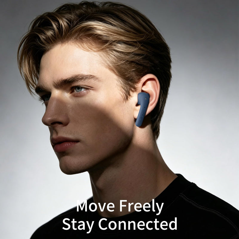 Defunc True Basic Wireless Earbuds, Bluetooth 6.0, Patented MultiTip Semi-in-Ear Design with Silicone Ear Wings, AI App Support, Quad Microphones, Waterproof, 22H Playtime, Secure Fit Earbuds Blue