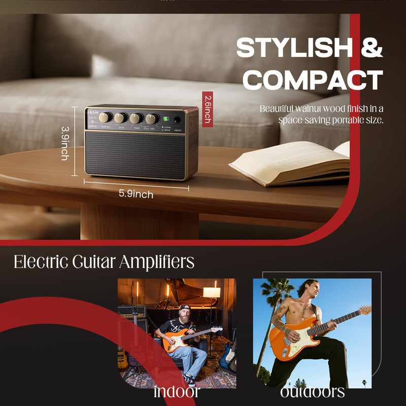 [AUSTRALIA] - AKLOT Guitar Amp Portable Rechargeable: 10W Mini Electric Guitar Amplifier with Clean/Drive Channels, Wireless Audio, USB-C, 6H Battery, Headphone Out and AUX in, Ideal for Practice or Travel (Black) Black 