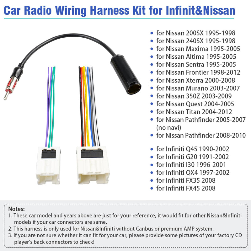 Radio Wiring Harness Kit for Nissan Altima Sentra Frontier Xterra Murano Quest Titan Pathfinder, Car Stereo Wire Harness Antenna Adapter Compatible with Infiniti Q45 G20 I30 QX4 10+6P Harness+Antenna for Nissan/Infiniti