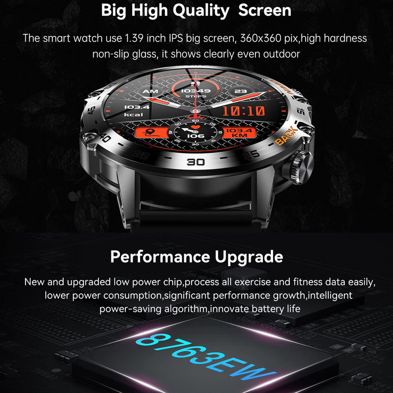 Diyeeni K52 Smart Watch for Men, Outdoor Bluetooth Sports Watches, 1.39in HD Fitness Sleep Monitor for Android iOS, with Pedometer Sport Mode