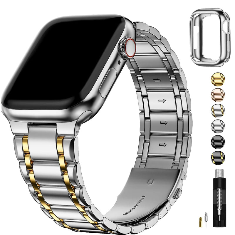 Fullmosa Compatible Metal No tools needed Apple Watch Band 44mm/45mm/42mm Silver with Case & Compatible Stainless Steel Apple Watch Band with case 44mm/45mm/42mm,Silver with Gold