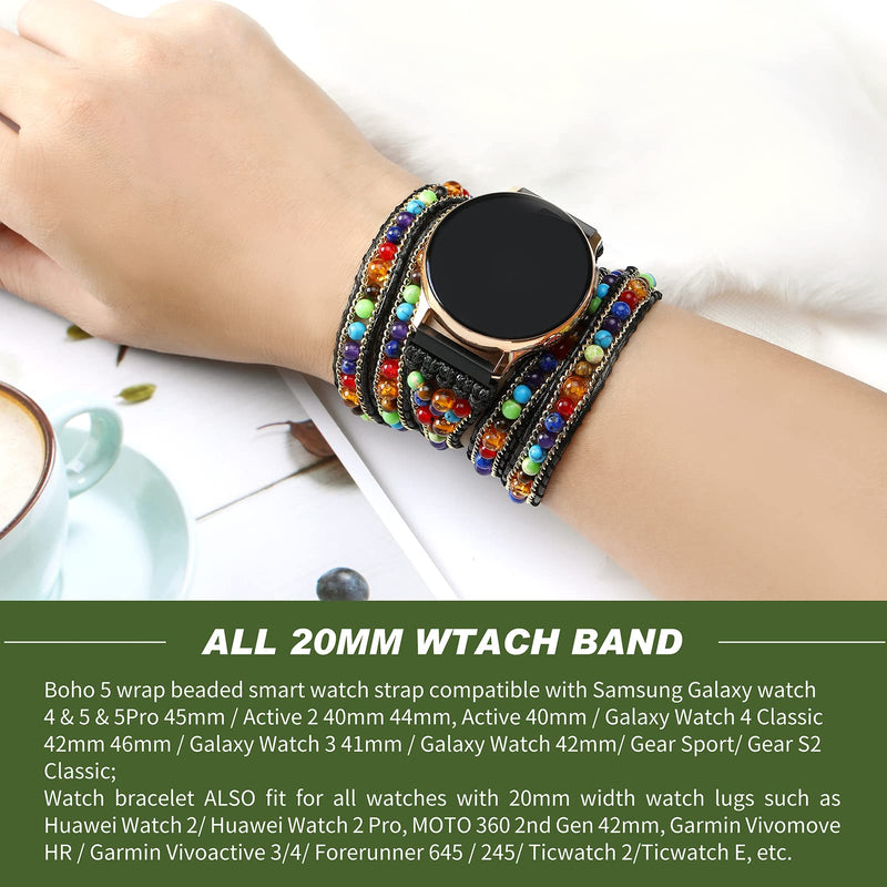 20mm Boho Beaded Watch Band Compatible with Samsung Galaxy Watch 4/5/Active 2 Watch Band 40mm 44mm/Galaxy Watch 5 Pro 45mm/Watch 3 41mm/Watch 4 Classic 42mm 46mm, 7 Chakra Stone Beads Bracel