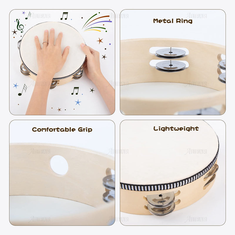 AUEAR, 3 Pack Wooden Tambourines Double Rows Metal Jingle Tambourine 8 Inch Handheld for Party Church KTV Musical Educational 8" (3 Pack) Double Row Jingles
