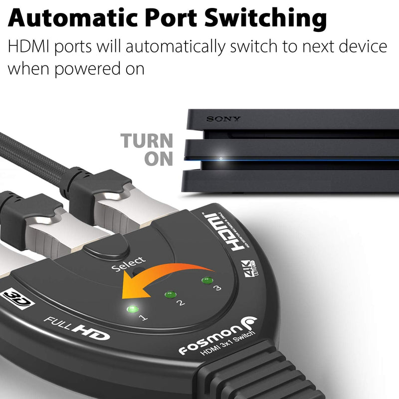 Fosmon 4K HDMI Switch 3 in 1 out 4K@30Hz, 3-Port HDMI Splitter Hub Switcher Auto Switching UHD 3D HDR HD 1080P HDCP, for HDTV, PS5/4, Xbox, Fire Stick 3-Port / 4K@30Hz