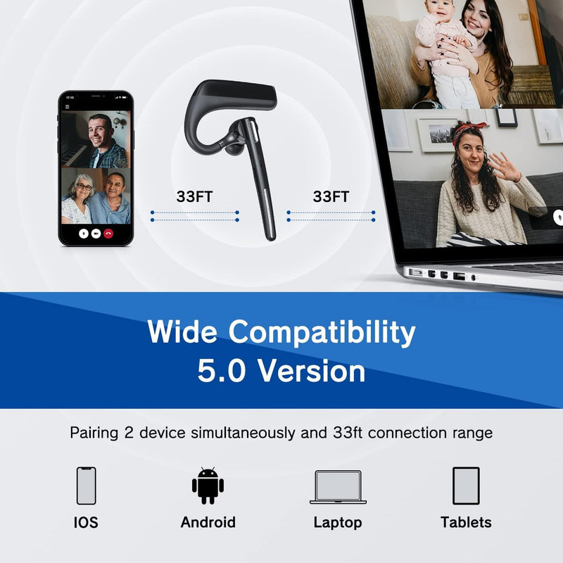 [AUSTRALIA] - Bluetooth Headset - Wireless Headset with Microphone 90 Days Standby/110 Hours Talktime, Bluetooth Earpiece for Cell Phone/PC Tablet/Laptop Computer, Headphones for Trucker/Driver/Business 