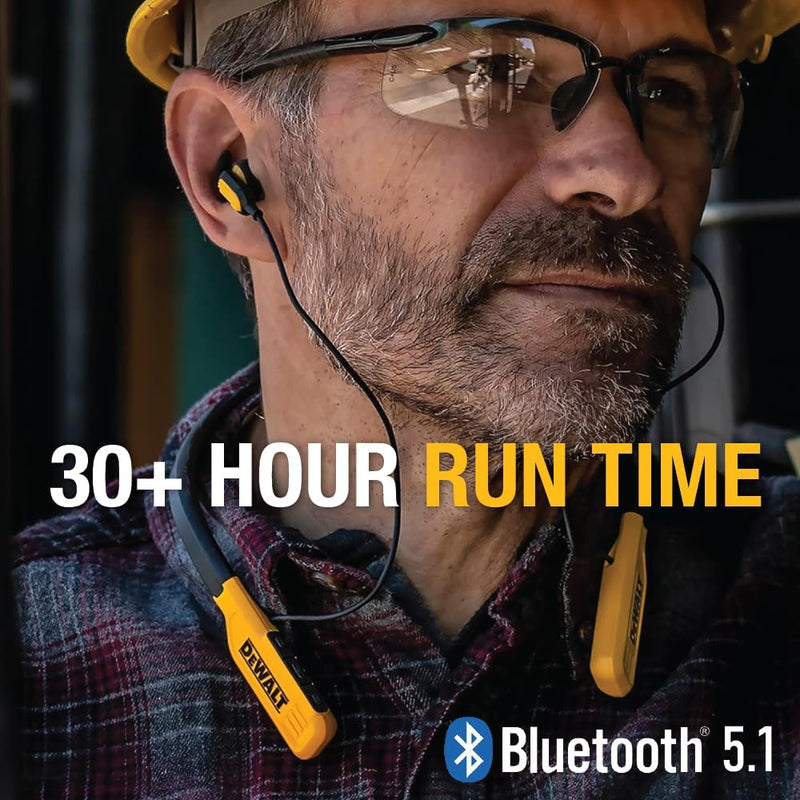 DEWALT Heavy Duty Bluetooth Neckband Headphones, Wireless Around The Neck Earbuds w/ 30H Runtime + Noise Isolation, Secure Magnetic Wireless Earbuds, Jobsite Pro Built-in Mic Bluetooth Headsets Yellow