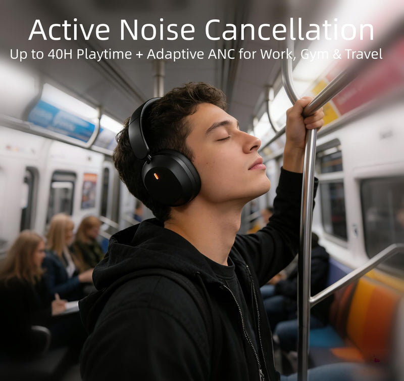UPGRADE Noise Cancelling Headphones Wireless Bluetooth Over-Ear Headphones Booming Bass Memory Foam Ear Cups for Commuting Office Travel Home Phone PC - Comfortable and Foldable Design- Black