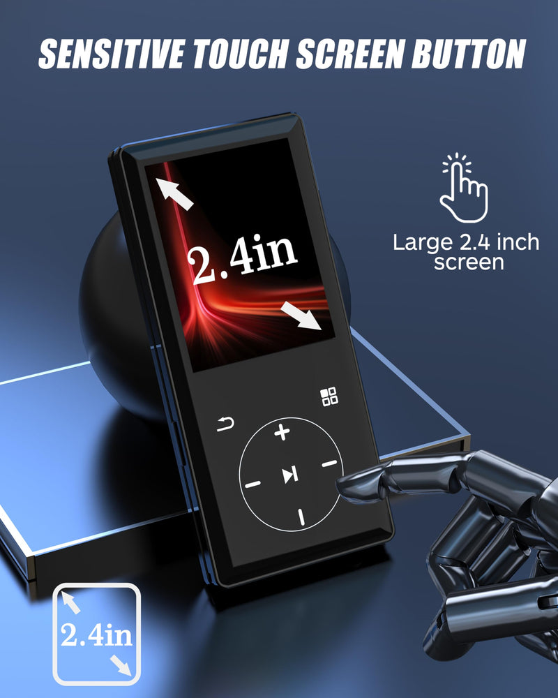 128GB MP3 Player with Bluetooth - Portable Mp3 Music Player with HiFi Speaker, 2.4" Screen MP3 Player with Voice Recorder, FM Radio, Touch Buttons,Support up to 256GB SD Card (Black) 128G