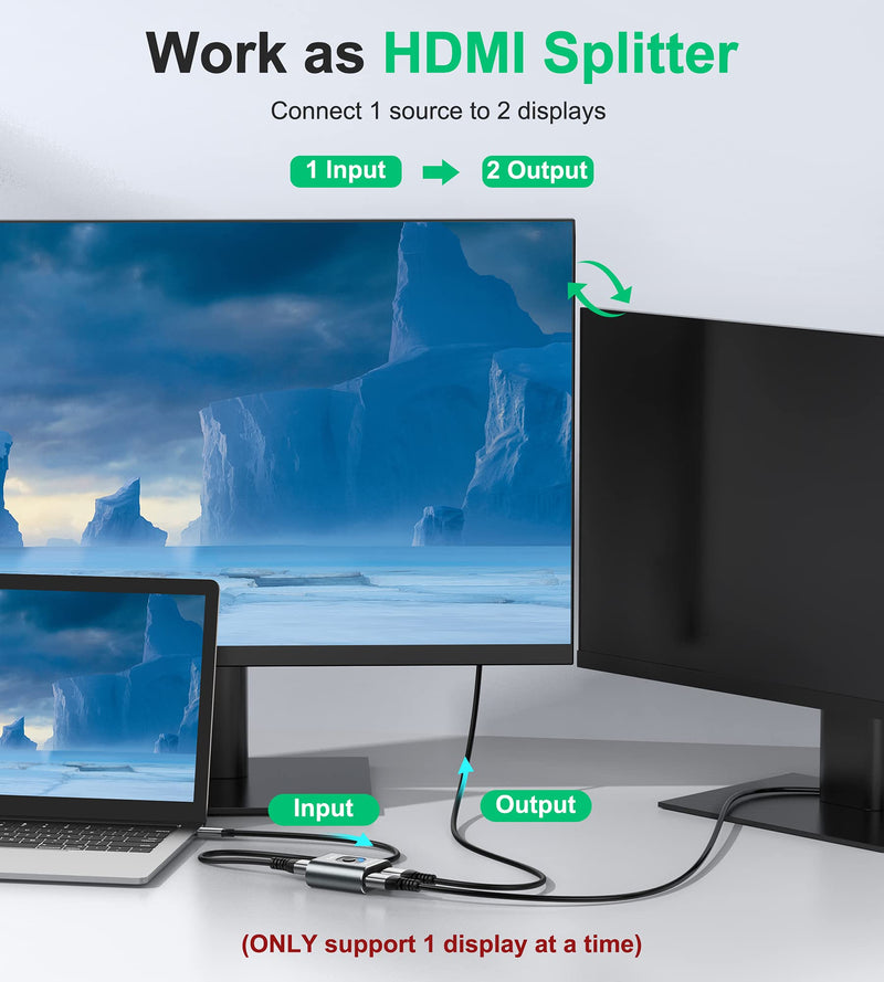 HDMI Switch 4k HDMI Splitter-GANA Aluminum Bidirectional HDMI Switcher,HDMI Switch Splitter 2 in 1 Out, Manual HDMI Hub Supports HD 4K@60hz for Blu-Ray-Player Fire Stick Xbox(Only ONE monitor)