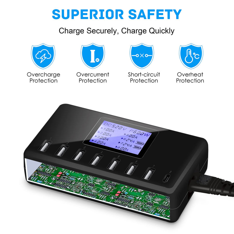 USB Charger, slitinto 60W 12A 8-Port USB Charging Station Multi Port USB Hub Charger Compact Size LCD Display Compatible with iPhone iPad Samsung Kindle Tablet Bluetooth Earbuds and More Black