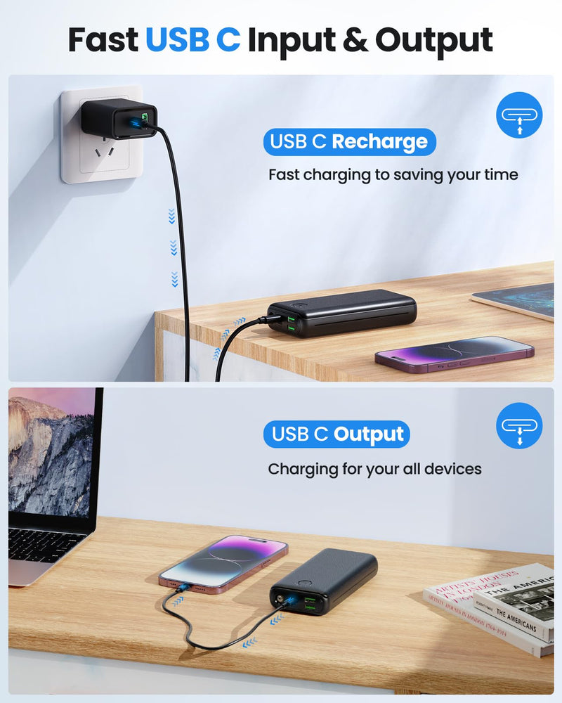 Portable Charger Power Bank 30000mAh - USB C 22.5W Fast Charging External Battery Pack Charging Bank PD QC4.0 with Flashlight 3 Outputs & 2 Inputs Phone Charger for iPhone Samsung Galaxy iPad etc Black