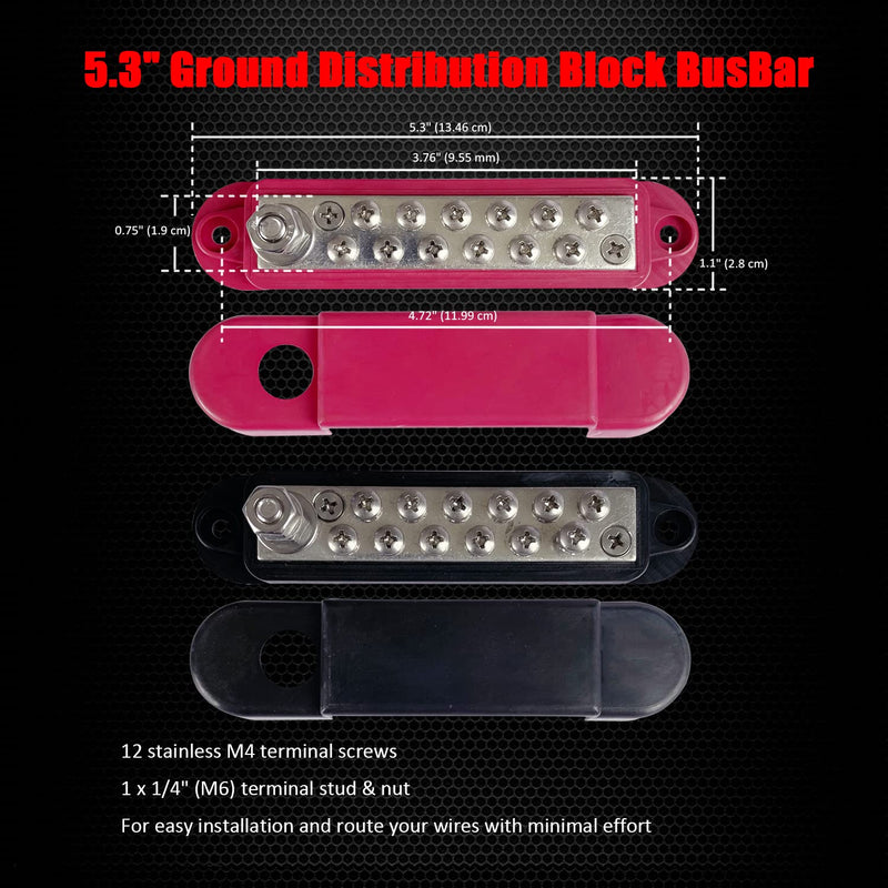 12 Terminals Bus Bar, Ampper 5.3" Nickle Plated Brass Power/Ground Distribution Block Battery BusBar Junction for Car Vehicle Rv Truck Marine Boat Audio Amplifier and More (1 Pair, Red & Black)