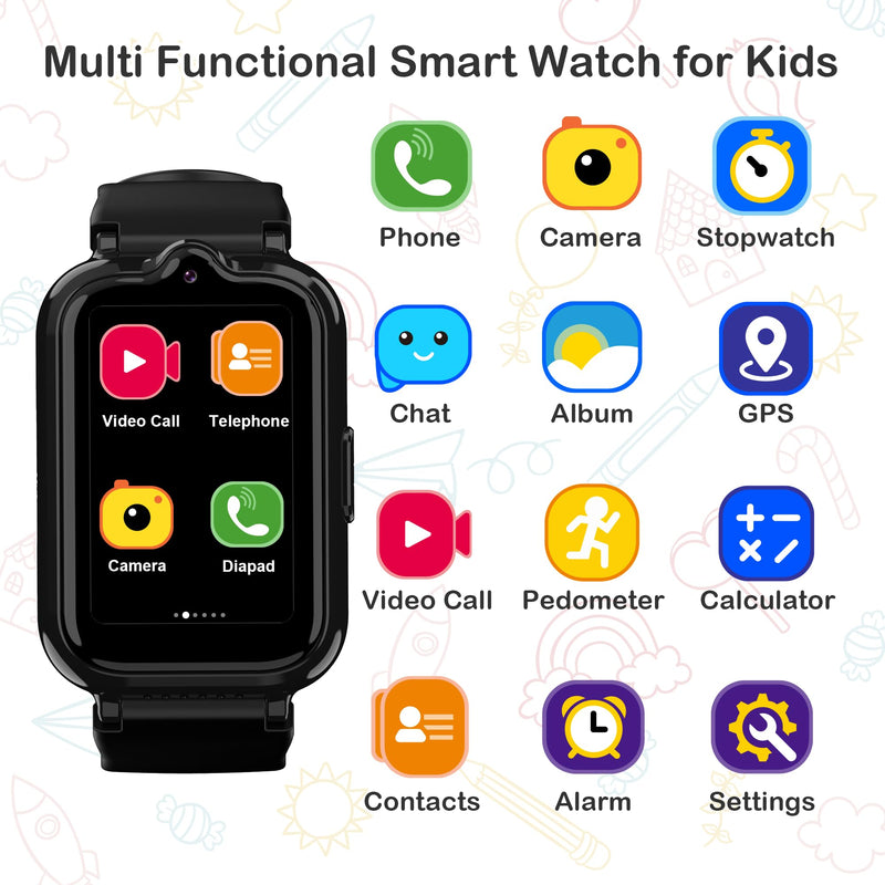 Citfis 4G Kids Smart Watch Boys with GPS Tracker, Kids Cell Phone Watch with Video & Voice Calling Texting Alarm SOS Calculator Pedometer Camera School Mode Math Game(Black) Black