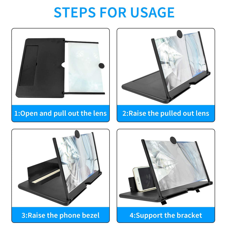 12 Inch Phone Screen Magnifier, 3D HD Mobile Phone Projector Amplifier Pulling-Out Movie Video Enlarger Anti-Radiation Eye Protection with Foldable Stand Holder for All Smartphones-Black Black