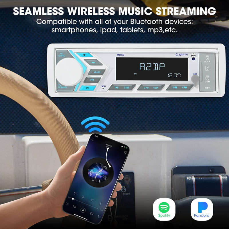 Single Din Marine Stereo Receiver: in Dash Bluetooth Boat Radio - Digital LCD Display Push to Talk Assistant AM FM MP3 SD Aux-in USB Charging 4.2-Channel Audio Output for Marine Vehicle Watercraft