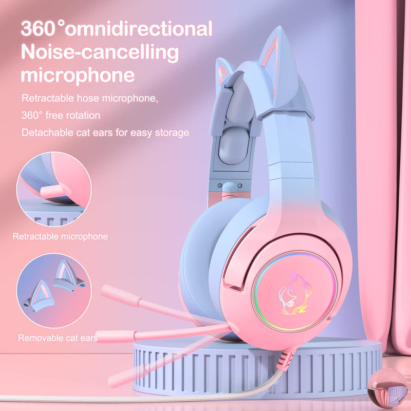 PHNIXGAM Gaming Headset for PS4, PS5, Xbox One(No Adapter), Cat Ear Headphones with Noise Cancelling Microphone, RGB Backlight, Surround Sound for PC, Mobile Phone, Gradient Pink Blue