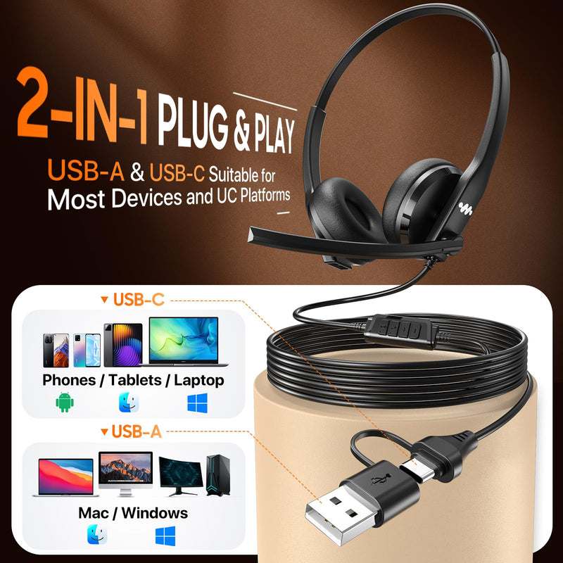 [AUSTRALIA] - USB Headset with Microphone for PC，Wired Computer Laptop Headset with Noise Cancelling Microphone, Work Headphones with Mic for Home Office Teams Zoom (USB-A&C)-Black Black 