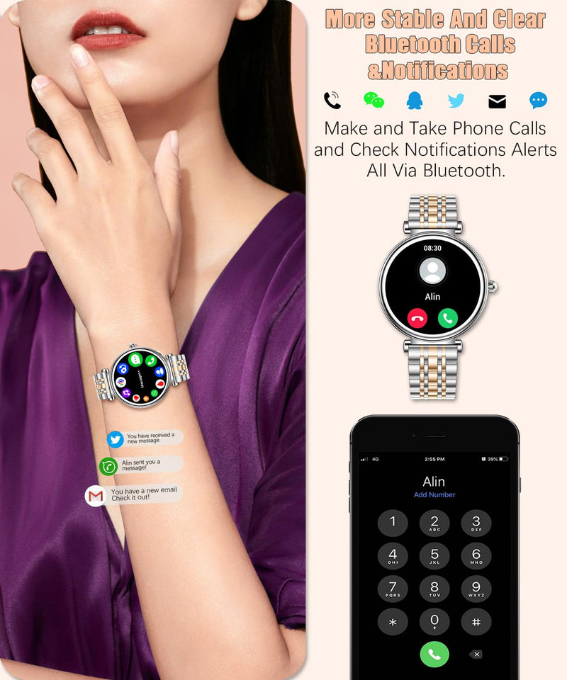Watch for Women, 1.25" AMOLED HD Screen Women's Smartwatch, Fitness Tracker with Heart Rate/Sleep Monitor, Bluetooth Call, IP67 Waterproof, Compatible with iOS & Android (Two-Tone Silver) Two-Tone Silver