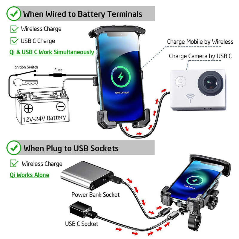 iMESTOU Anti-Theft Motorcycle Wireless Phone Mount Charger 15W & USB C 3A Handlebar 1" Ball Phone Holder Works with 12V/24V Vehicle/USB A Socket 720 Rotation Quick Charge for 4.0-7.0" Cellphones Double Socket Arm-Wireless & USB C Charge