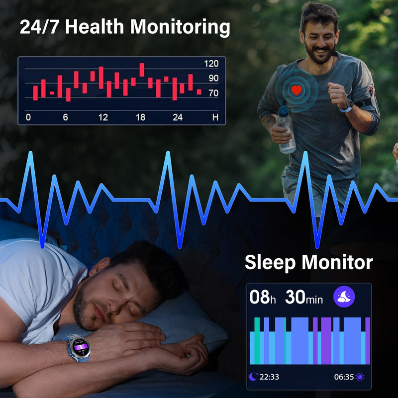 Military Smart Watches for Men(Answer/Make Calls), 1.39"HD Fitness Watch, 24/7 Heart Rate Sleep Monitor, Smart Watch for Men 110+ Sport Modes, 30Day, IP68 Waterproof Smartwatch for Android iOS, Blue