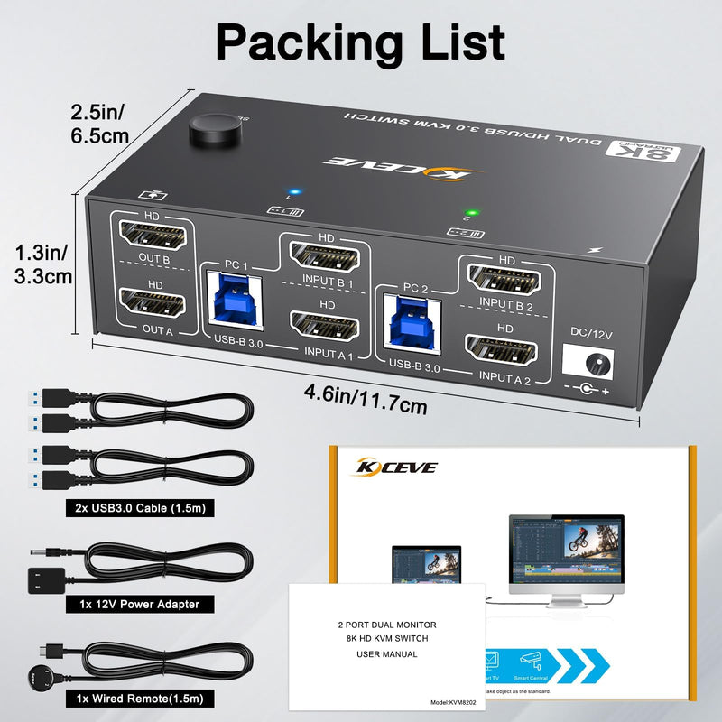 KVM Switch 2 Monitors 2 Computers HDMI 4K@144Hz, USB 3.0 Dual Monitor KVM Switch for 2 Computer Share 2 Monitor and 4 USB3.0 HUB,Wired Remote,12V Power Adapter and USB Cable Included black 2 Monitor 2 PC