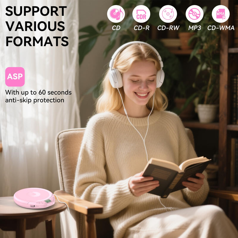 [AUSTRALIA] - Portable CD Player for Car: Kegaudio with Earphones Anti-Skip LCD Display Personal Disman Disc Player for Car & Sports Supports MP3 WMA PROG & Memory Function Pink 