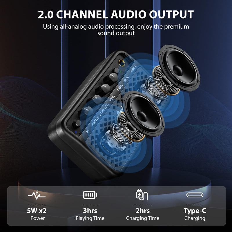 Mini Guitar Amp, 5W Small Portable Electric Guitar Amplifier, Clean & Drive Effects 2 Channels, Rechargeable Bluetooth Speaker with Headphone Jack, for Daily Practice (Black) Black