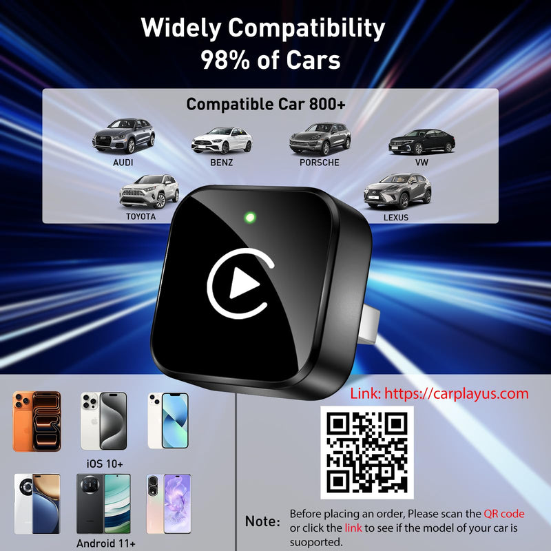iGENJUN Wireless CarPlay Adapter 2026 Upgrade Mini Design, USB/USB-C Plug & Play Converts CarPlay to Wireless - Easy Use Fast Stable Connection Car Play for iPhone & Android Black