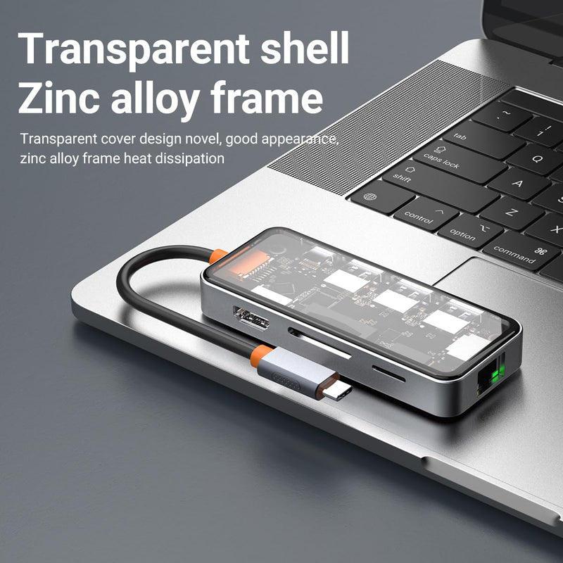 DroiX NT8 Clear USB Hub with Ultra-Fast RJ45 Gigabit Ethernet, 4K HDMI 2.0 Output, Rapid 100W PD Charging, Versatile 3X USB Type-A 3.0 Ports, Dual Micro/SD Card Readers, Sleek Design.