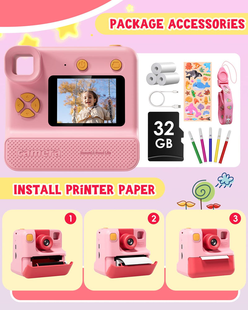 Kids Camera Instant Print, Christmas Birthday Gifts for Toddle Girls Boys Age 3-12, 20MP & 1080P Selfie Digital Camera with 3 Roll No-Ink Print Paper 32G SD Card - Pink