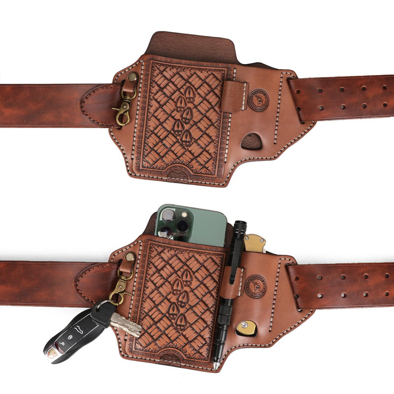 Leather Cell Phone Belt Holster Case Folding Knife Sheath Pen Slot Key Clip | 4-In-One Edc Organizer,Pocket Knives Carrier,Bottom Push Hole For Phone Charge Port,Fits Phones Up To 6.7",Gift For Birthday