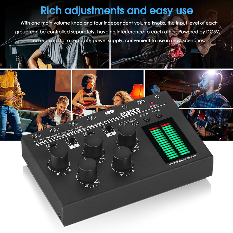 Douk Audio MX5 4 Channel Audio Mixer 4-CH Line-Mixing Mono Stereo Ultra Low-Noise LED Level Meter