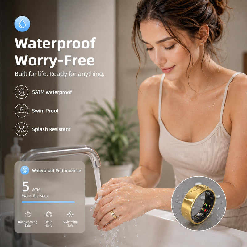 Smart Ring Health Ring Fitness Tracker with 24/7 Sleep Tracking Activity Tracker Step Counter Calorie Fitness Ring for Women & Men iOS & Android (Gold, 8) Gold