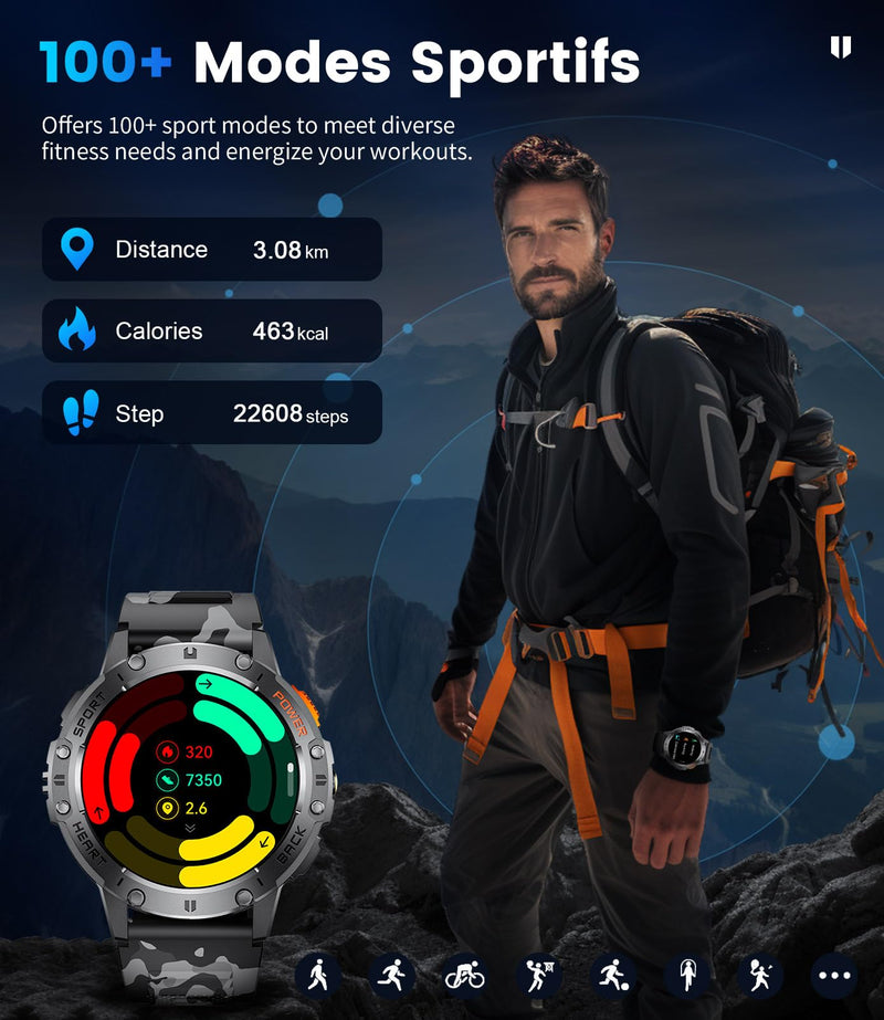 LIGE 1.43" AMOLED Smart Watch for Men with Flashlight, Bluetooth Calling, 100+ Sport Modes, 530mAh, IP68 Waterproof Fitness Tracker for Workout, iOS Android Compatible, Black Steel Camouflage Silicone