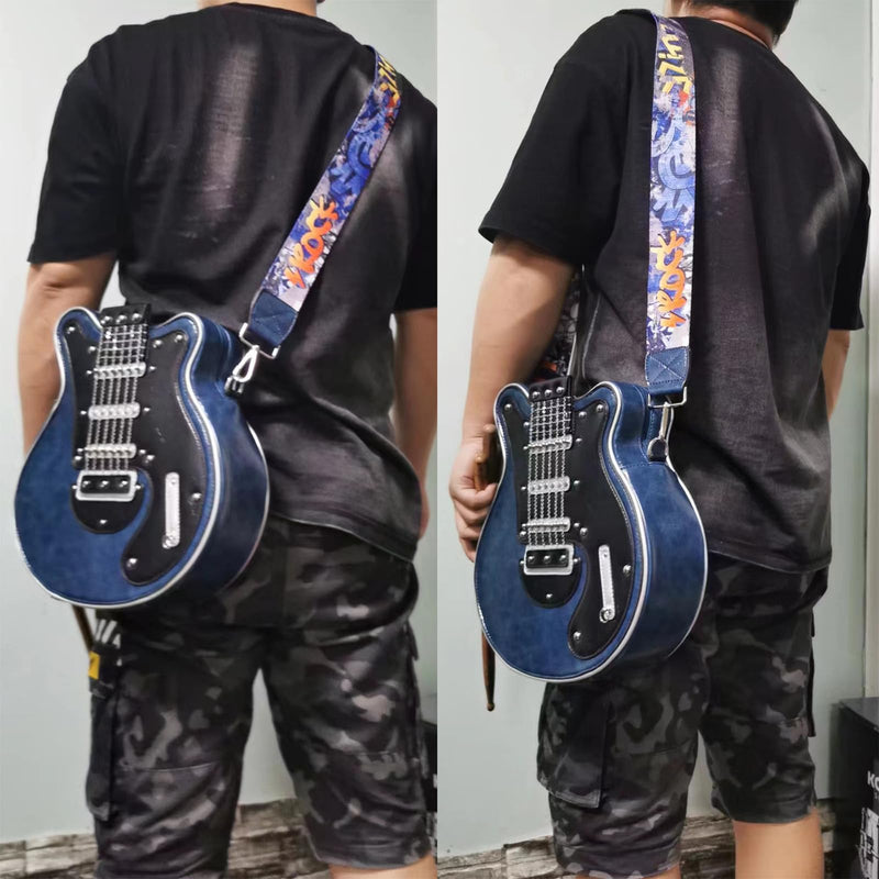 Men and Women Music Violin Guitar Shaped Crossbody Shoulder Bag Backpack Handbag PU Leather Unique Novelty Guitar Purse Blue