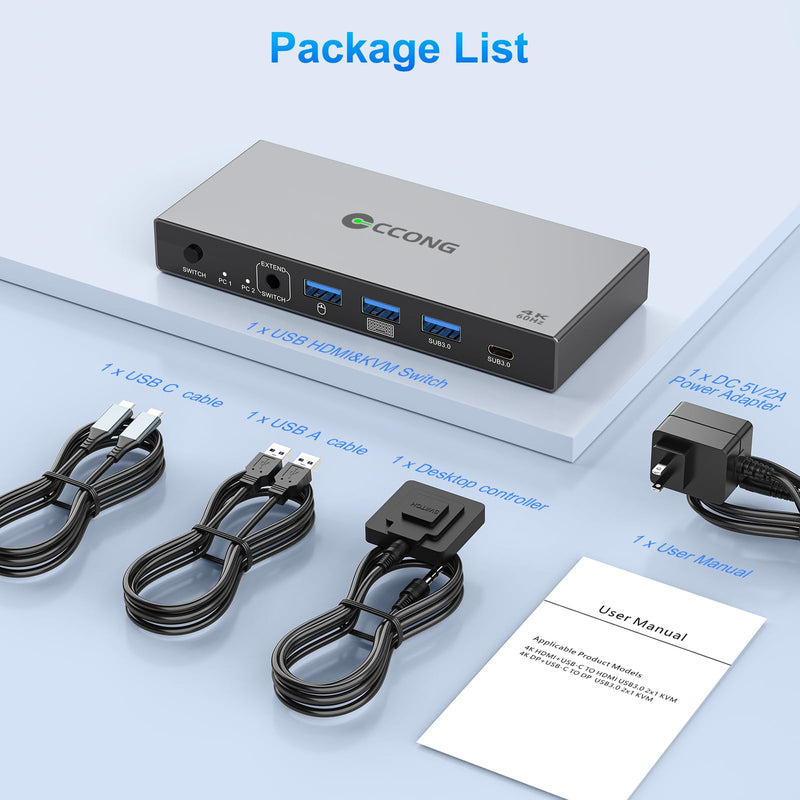 HDMI USB C KVM Switch 1 Monitor 2 Computers,4K@60Hz KVM Switches for | 1 PC+1 Laptop Share 4 USB3.0 Ports,Single Monitor,Keyboard & Mouse with 2 USB3.0 Cables Controller Office · Gaming · Meeting Grey Laptop+PC 1 Monitors