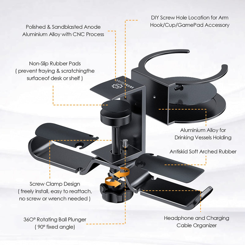 WixGear Headphone Stand, 2 in 1 PC Gaming Headset Stand Cup Holder, with Cable Organizer, 360° Adjustable & Rotating Arm Clamp Headphone Holder, Suitable for All Headphones and Drinks