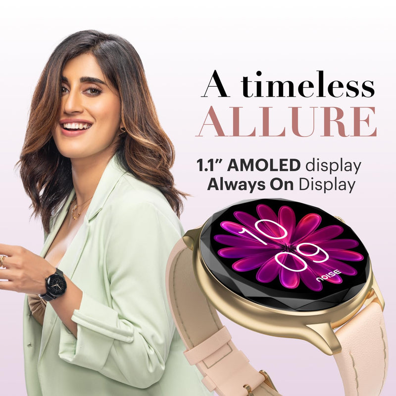 Noise Diva Smartwach for Women with AI Voice Assistant, 100+ Watchfaces, Sleep Tracker, Female Cycle Tracking, BT Calling, AMOLED Display, Water & Dust Resistant, 1 Year Warranty Gold Link