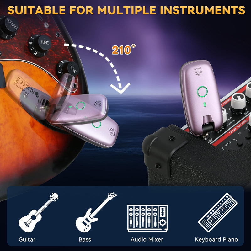 EASTROCK Wireless Guitar System – Purple, UHF 7-Channel Rechargeable Transmitter & Receiver, 6H Battery, 1/4” & 1/8” Plug for Guitar & Bass
